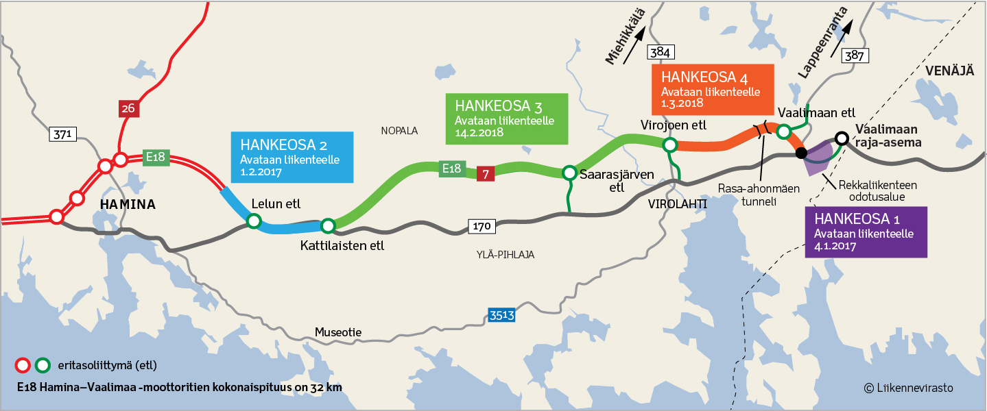 Karttakuva: E18 Hamina–Vaalimaa -moottoritiehanke